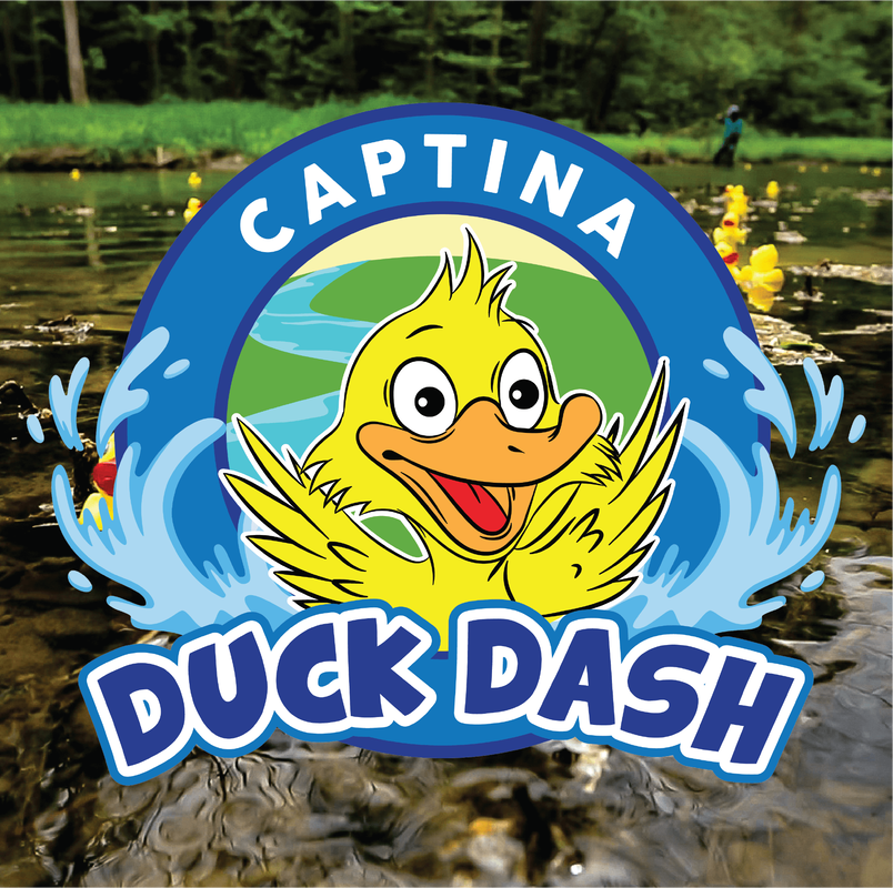 A yellow cartoon ducking splashing light blue water with its wings encompassed by a blue circle containing the white text “Captina” above its head. The blue text “Duck Dash” outlined in white is below the duckling.