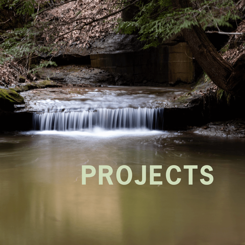 A small waterfall is flowing into a larger pool of water. The light green text “Projects” is overlaid in the bottom right corner.